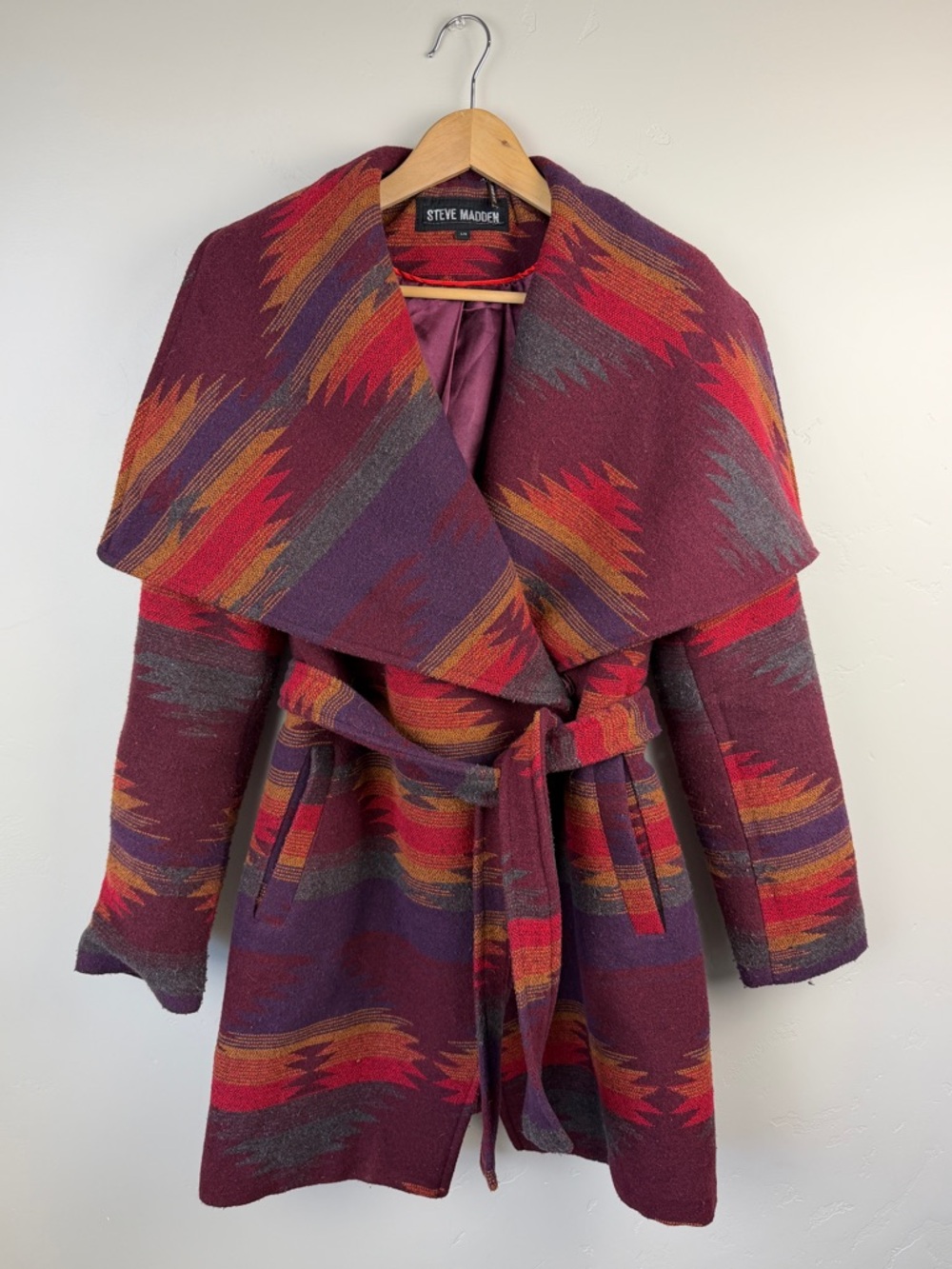 Steve Madden Aztec Blanket Coat Size L Burgundy Belted Southwest Wrap Jacket